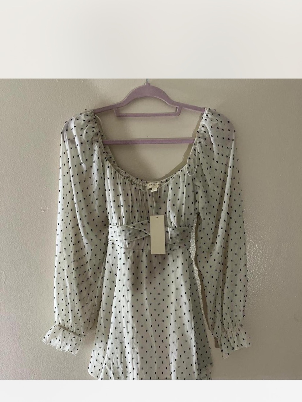 White Mini Dress with Black Dot Print and Long Puff Sleeves